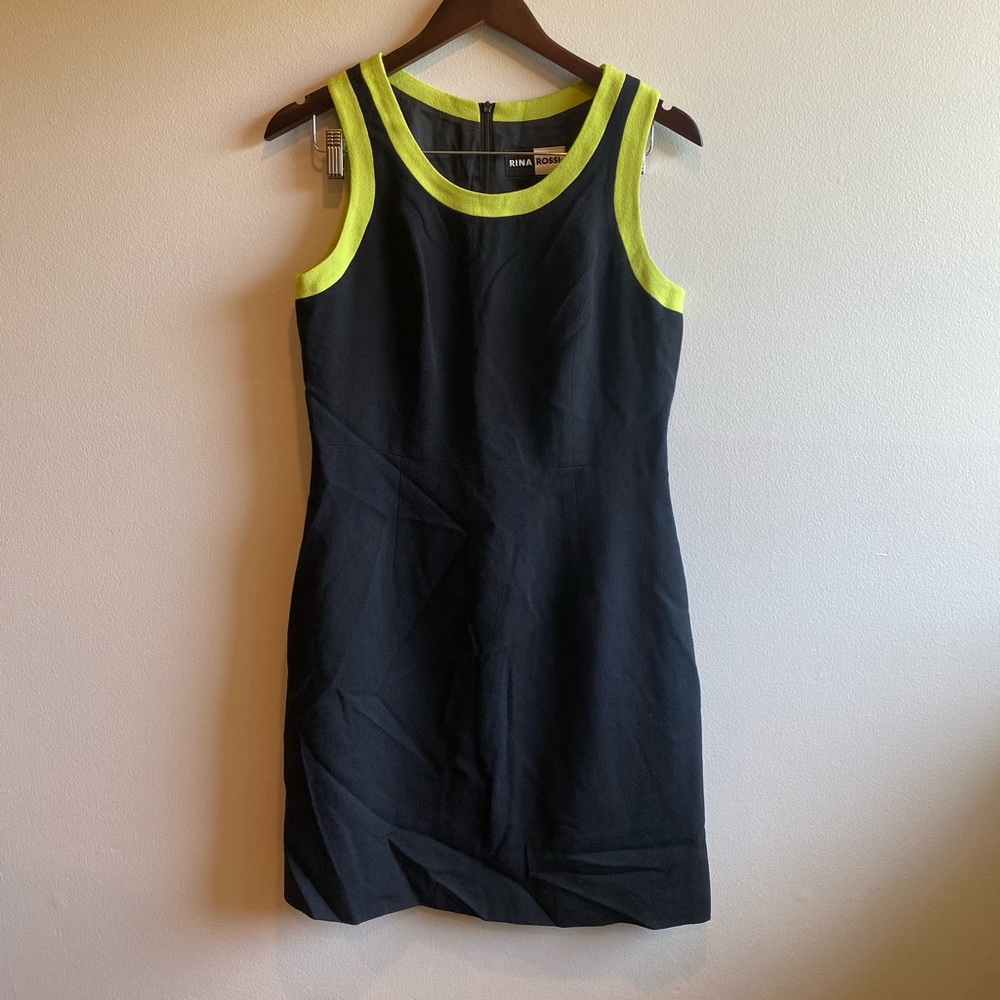 Rima Rossi 90s Black with Lime Green Trim Colorblock Dress Size 8 100% Wool Mini